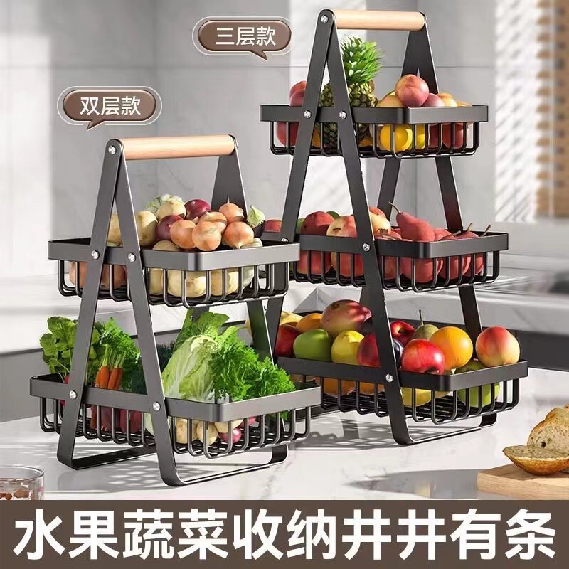 取り外し可能な組み立てフルーツバスケット二層収納木製ポータブルバスケット鉄収納ラックキッチンリビングルーム収納バスケット|undefined