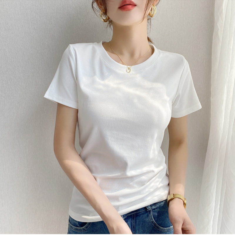 White Short-Sleeved Right Shoulder T-Shirt for Women 2025 Summer New Round Neck Slimming Look Small T-Shirt Top White Short-Sleeved Right Shoulder T-Shirt for Women 2025 Summer New Round Neck Slimming Look Small T-Shirt Top
