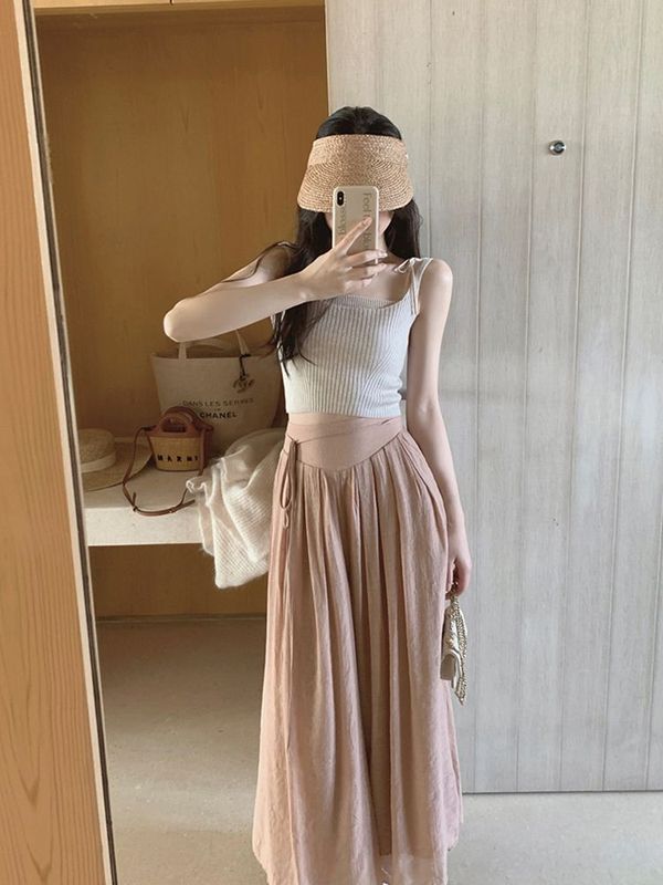 ピンクのコットンとリネンのワイドレッグパンツスカート女性の夏の薄い新しいスタイルルーズドレープハイウエストストレートカジュアルパンツ9点パンツ|undefined
