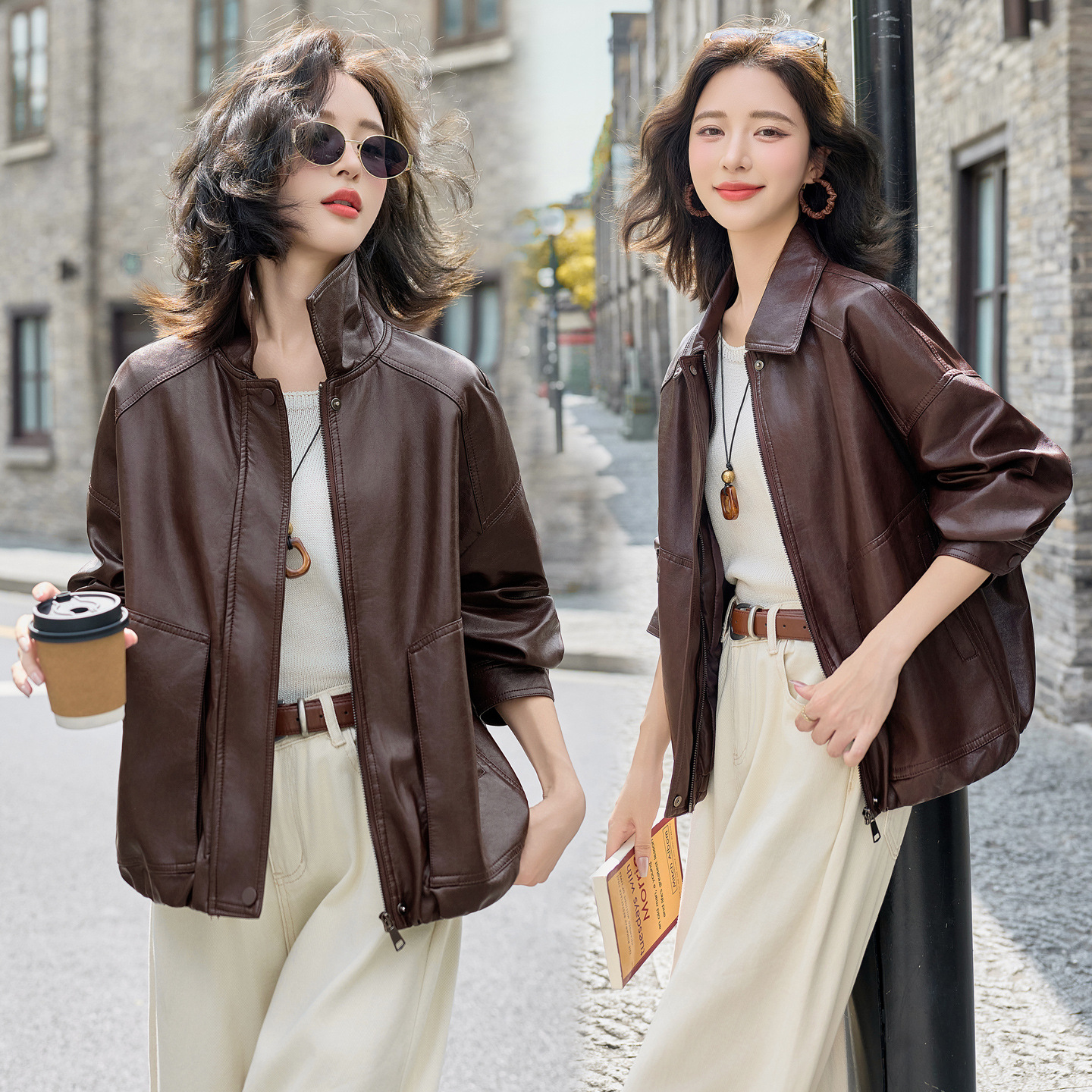 Haining Genuine Leather Jacket for Women 2025 New Fashion Design Leather Jacket for Women with Loose Stand-Up Collar Motorcycle Jacket