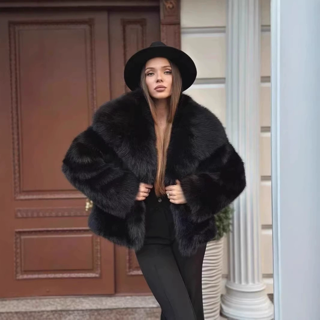 跨境冬季保暖仿皮草外套大翻领柔软狐狸毛外套时尚高品质毛毛女装