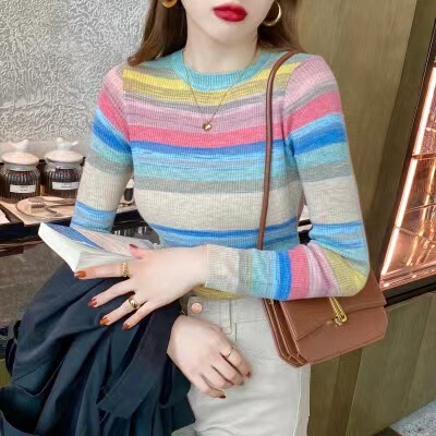Fall 2022 Korean style new rainbow striped top women's long-sleeved knitted bottoming shirt tight thin sweater women Fall 2022 Korean style new rainbow striped top women's long-sleeved knitted bottoming shirt tight thin sweater women
