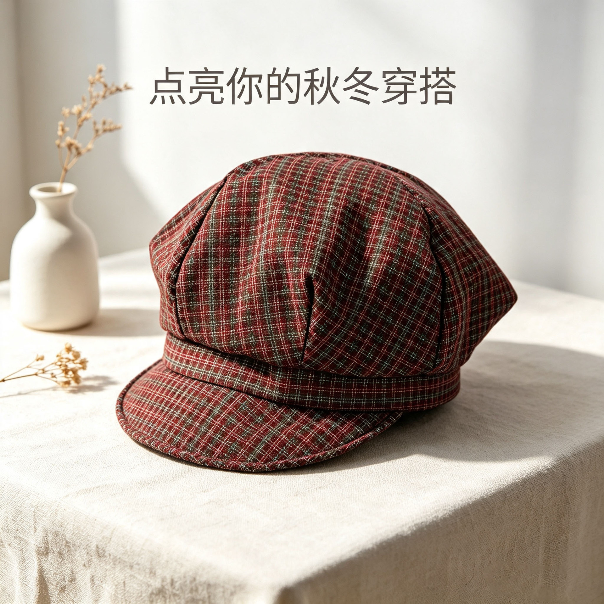여성 체크 베레모 사계절 데일리 코디 조절 가능한 빈티지 화가 모자