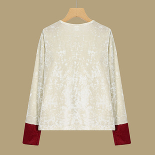 New Chinese Style National Style Velvet Jacquard Top plus size Women's Early Spring New Fashion Stitching Long Sleeve Round Neck T-Shirt