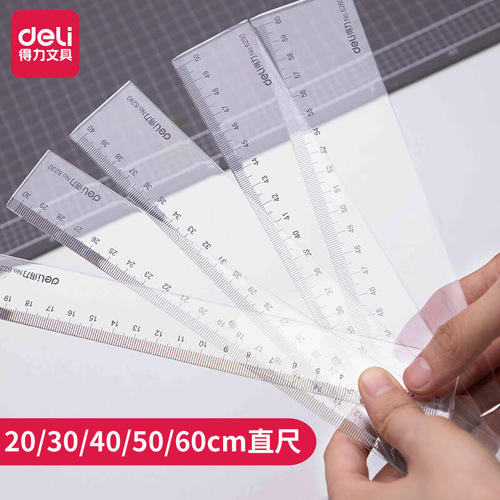 Deli stationery 20/30/40/50/60cm student plastic ruler office drawing transparent scale straight ruler