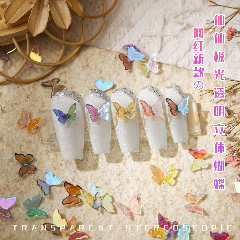 Cross-Border Temu Transparent Aurora Butterfly 3D Manicure Accessories Colorful Acrylic Stereo Bow Amazon Jewelry