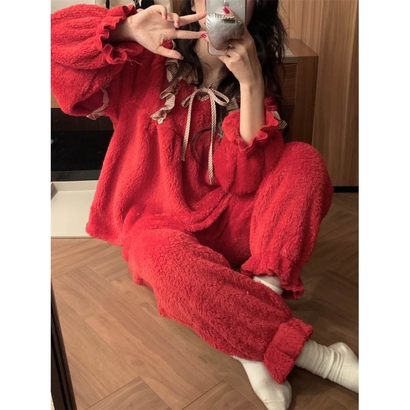 韩国chic外贸女士新款冬季珊瑚绒加绒加厚可爱红色家居服套装批发