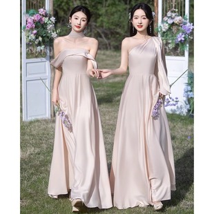 Champagne-Colored Bridesmaid Dress for Women, High-End Niche Satin Sister Group Dress, Summer Slimming Petite Dress Suitable for Everyday Wear