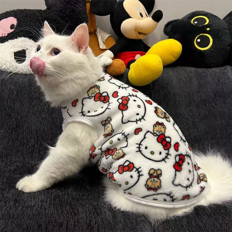 Kt Hello Kitty Pet Cat Clothes Autumn and Winter Thickeneded Flannel Anti-Shedding Hair-Proof Pullover Vest Style Cotton Coat