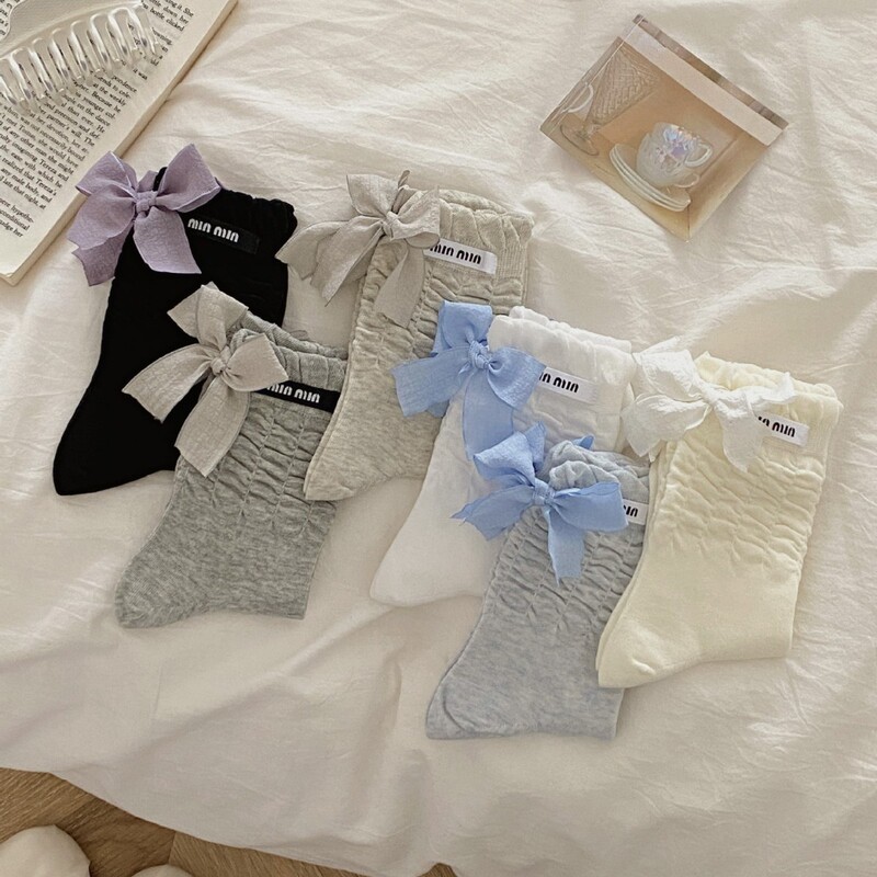 Korean style heel big bow socks women's sweet pleated bubble mouth atmosphere sense wear miu pure want pile socks