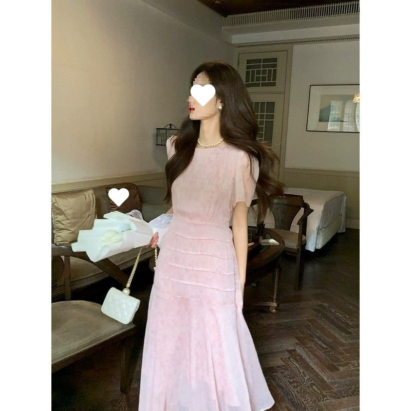 Новое летнее платье для женщин 2025 года, розового цвета, в французском стиле, нежное, элегантное, с завышенной талией, стройнящее, из шифона, длинная юбка.