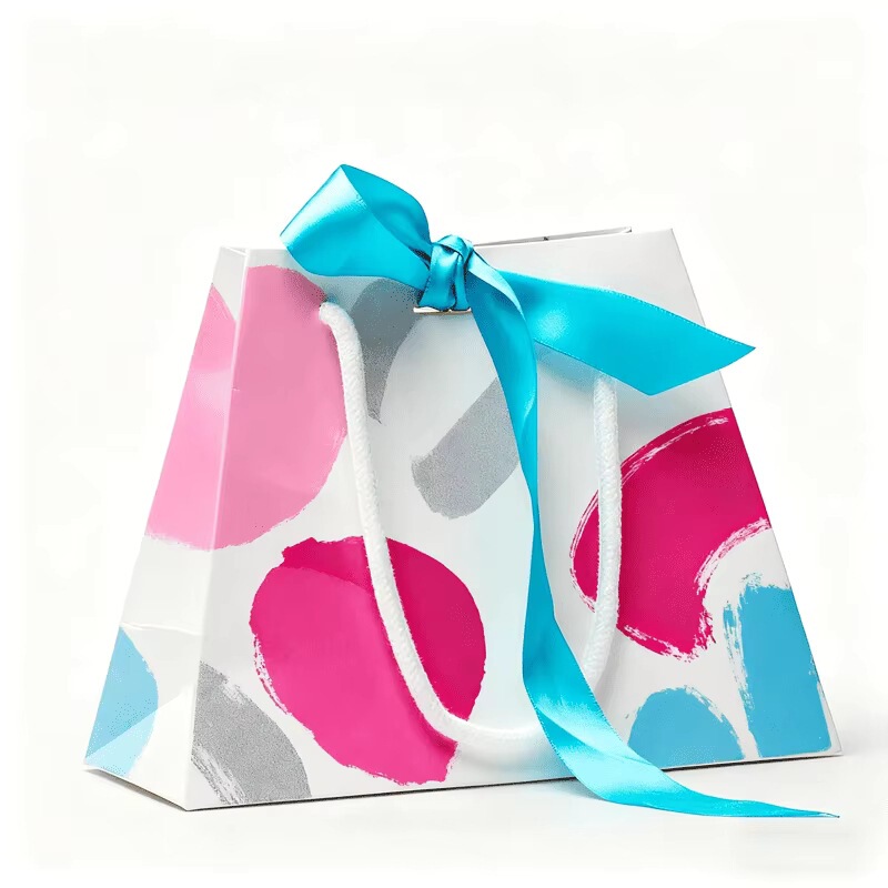 Customized Creative Triangle Gifts and Shopping Tote Bags Personalized Coated Paper Packaging Bags with Sky Blue Silk