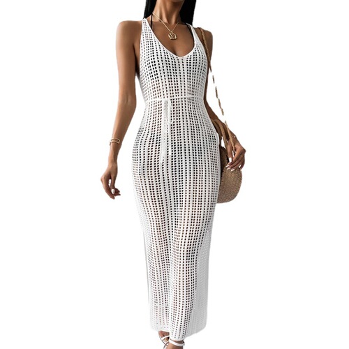 Summer and Autumn Beach Cover-up Knit Bikini Sun Shirt Loose Solid Color Lacy Dress for Women