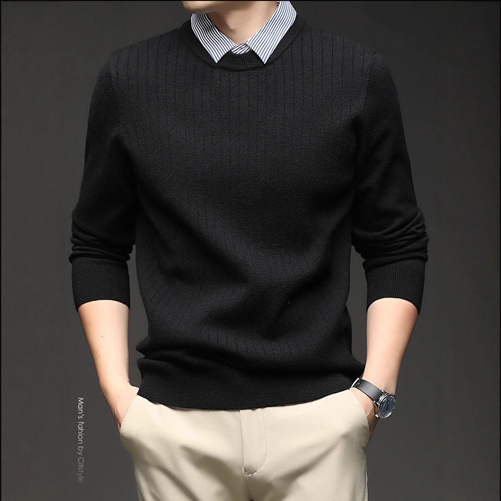 Camisas de punto para hombre simple nuevo falso de alta gama de dos piezas chaqueta casual otoño invierno chaqueta de rayas verticales cabeza suéter de manga larga