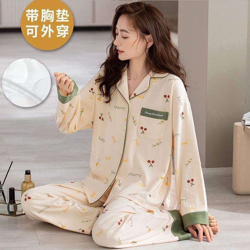 Primavera y otoño pijamas pantalones de algodón primavera y otoño mangas largas largas sueltas de tamaño grande se puede usar para el hogar conjunto de cojín de pecho