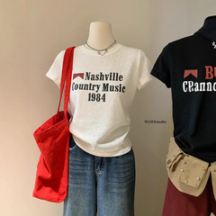 WGWEアルファベット半袖夏正肩丸襟アメリカデザイン感小衆プリント半袖tシャツ女W5383