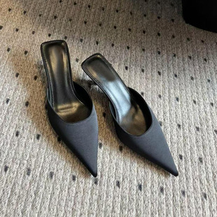 Yang Shulin's Black Satin High Heel Shoes Women's Pointed Rear Empty Sandals Half Slippers Mueller Shoes Small Single Shoes