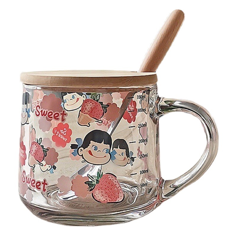 Ins vidrio simple Commuter paja leche desayuno taza Linda Escala de dibujos animados taza con cuchara regalo impresión