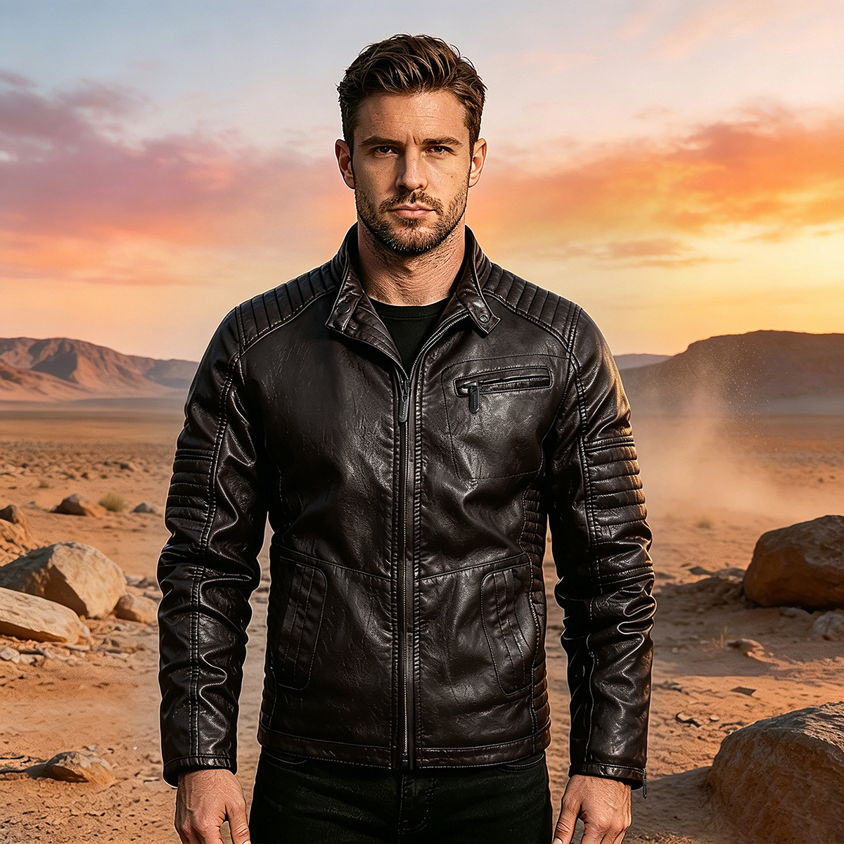 Kişi dəri gödəkçə, dik yaxalı, slim fit, qara