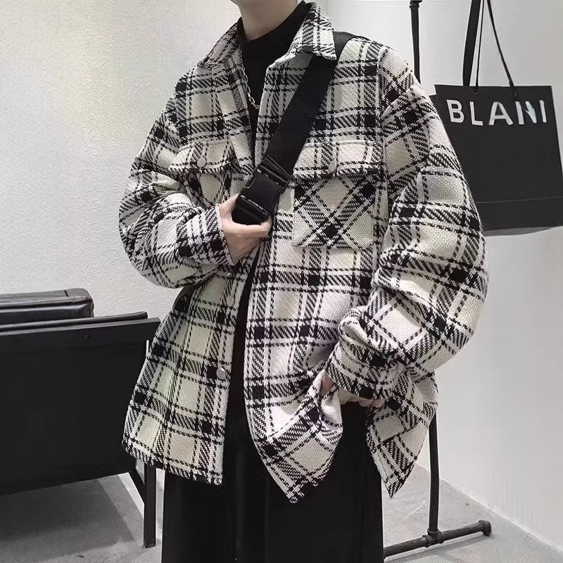 Chanel style plaid coat men's ins fashionable high-grade tweed shirt Ruan handsome lapel vintage workwear jacket