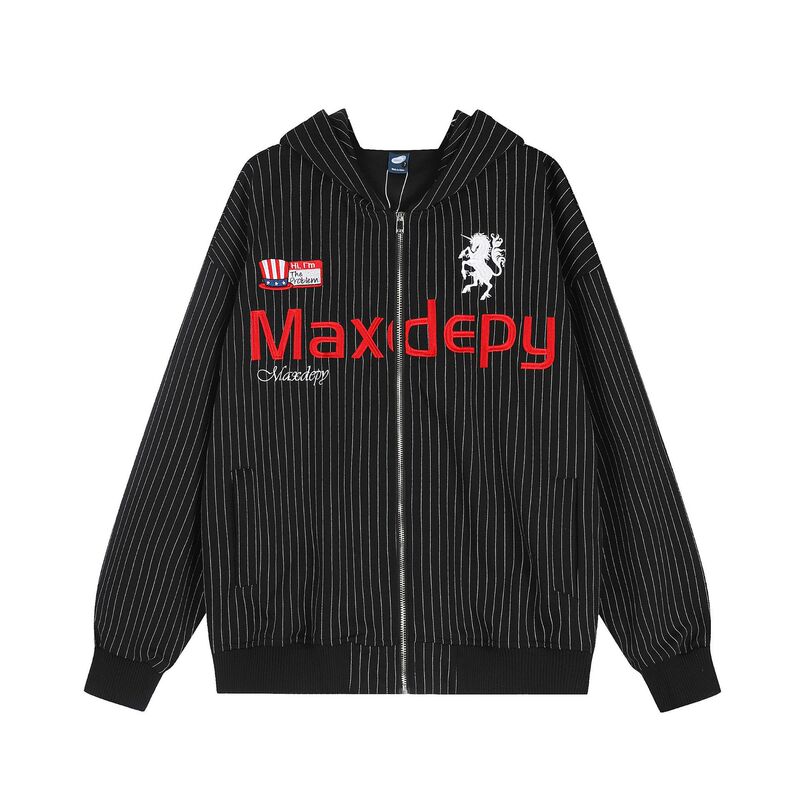 American-style vertical striped hooded zip-up sweatshirt with letter and unicorn print, loose retro street style casual jacket American-style vertical striped hooded zip-up sweatshirt with letter and unicorn print, loose retro street style casual jacket