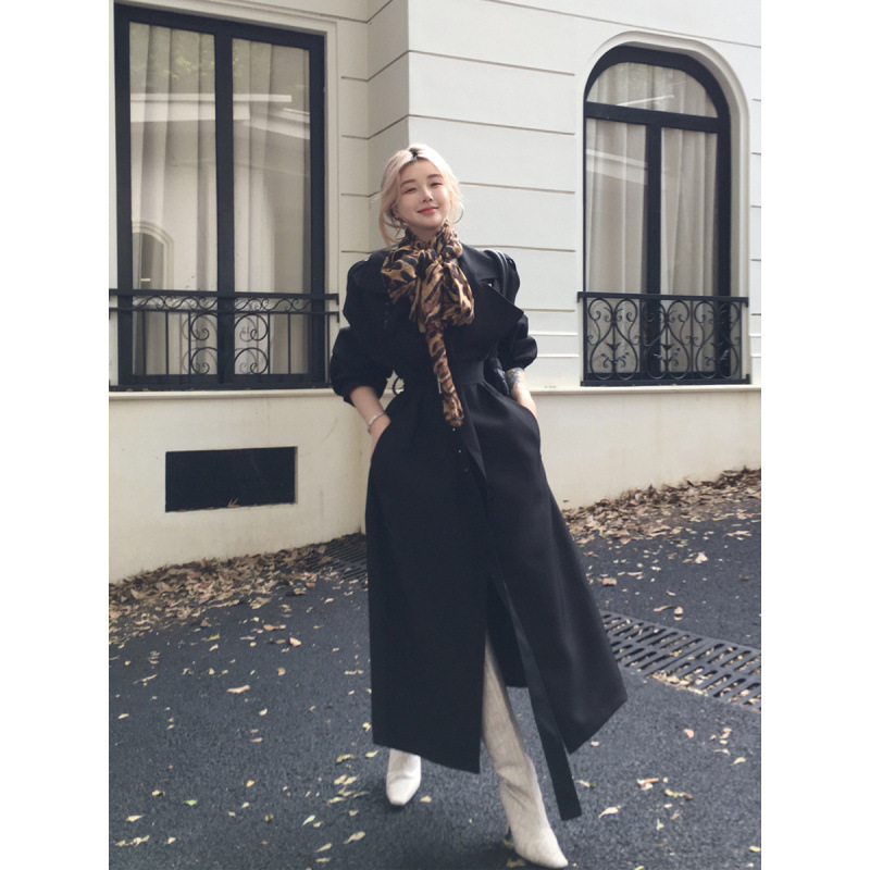 复古休闲英伦风中长款过膝风衣大衣外套腰带女|undefined