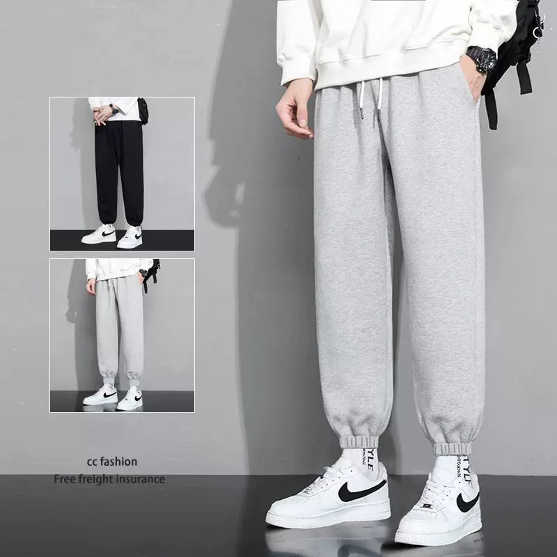 外贸pants纯色男士卫裤2023春夏秋季休闲运动裤男系带束脚宽松微