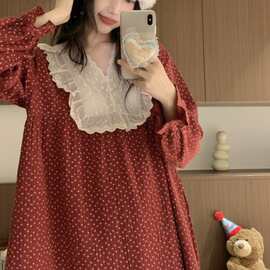 韩国ins女士新品女韩版甜美蕾丝花边公主风宽松软棉双纱外穿睡裙