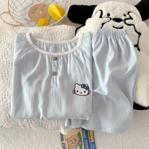 Venta al por mayor transfronteriza de nuevos pijamas de algodón de nube para mujer pantalones cortos de manga corta de verano con cuello redondo bordado dulce y simple servicio a domicilio