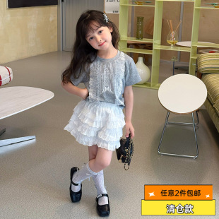 [Clearance Item] Girls' Stylish and Exquisite Lace Patchwork T-Shirt Top, Sweet Ballet Style Short Sleeve for Summer Children