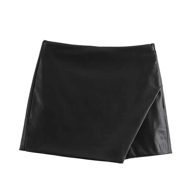 European and American Style Fashionable Simple Asymmetrical Imitation Leather Culottes Skirt Spring New High Waist Slim Black Short Culottes