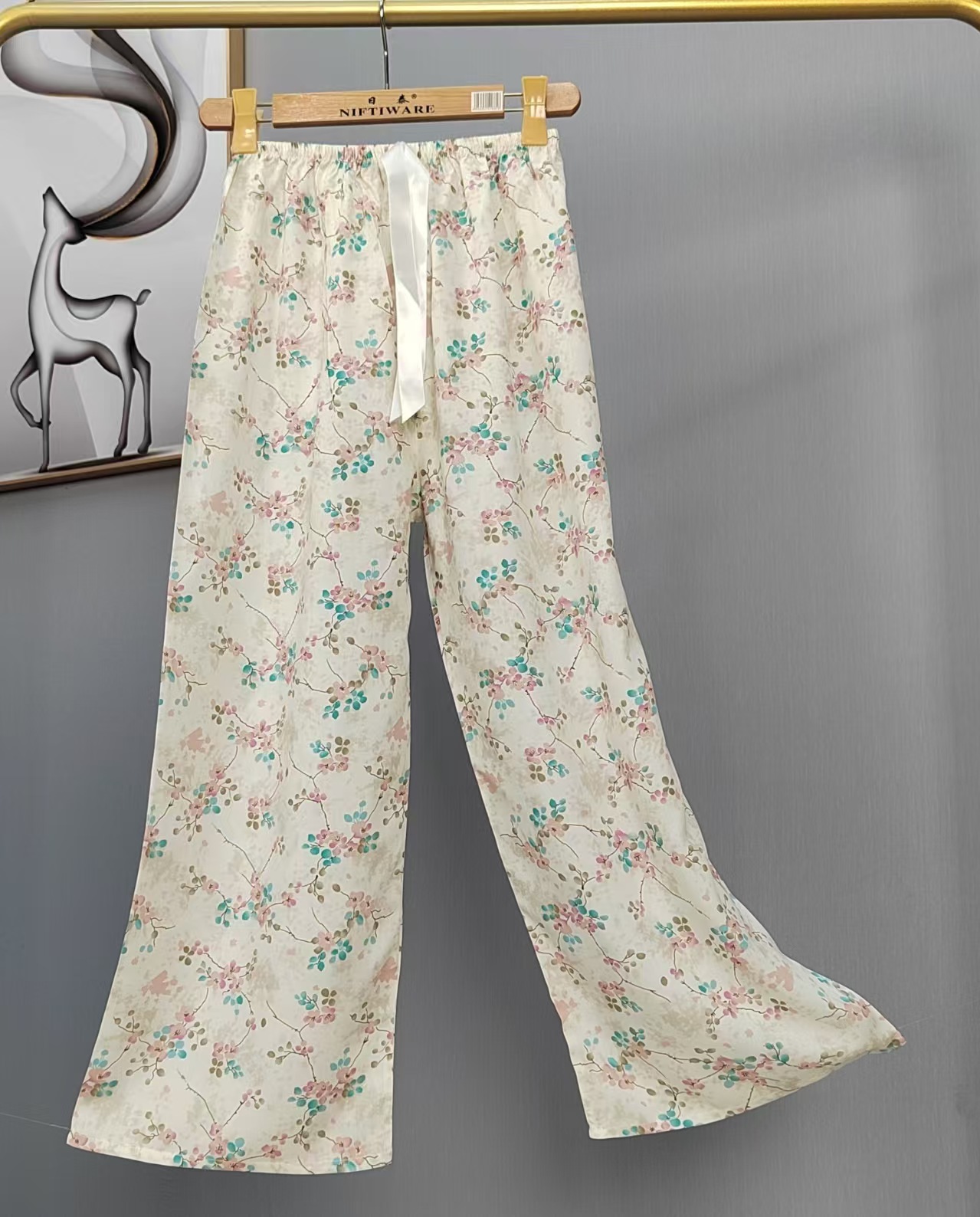 Pijama de seda de algodón para mujer, pantalones anchos de mujer embarazada de seda de algodón con estampado fino de verano