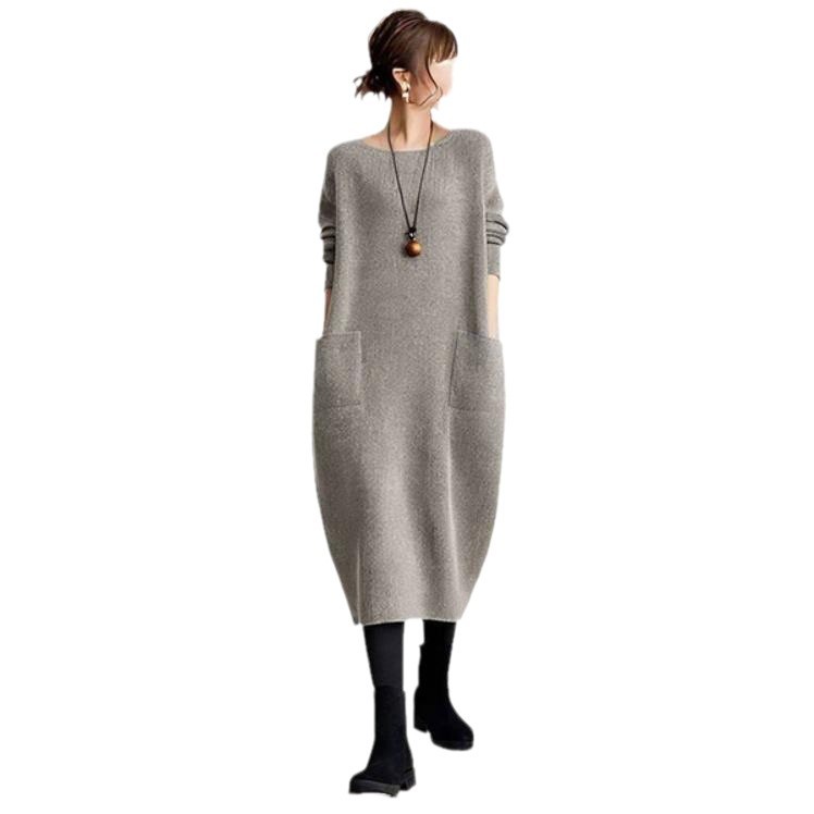 現物日系2025春の新型純色丸首ニット大ポケットワンピース女性