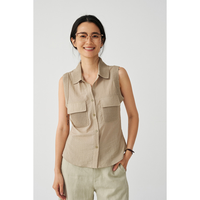 Comos Cms Hollow Out Lapel Sleeveless Shirt 2026 Summer Pocket Design Waist-Cinching Cardigan Top 258653