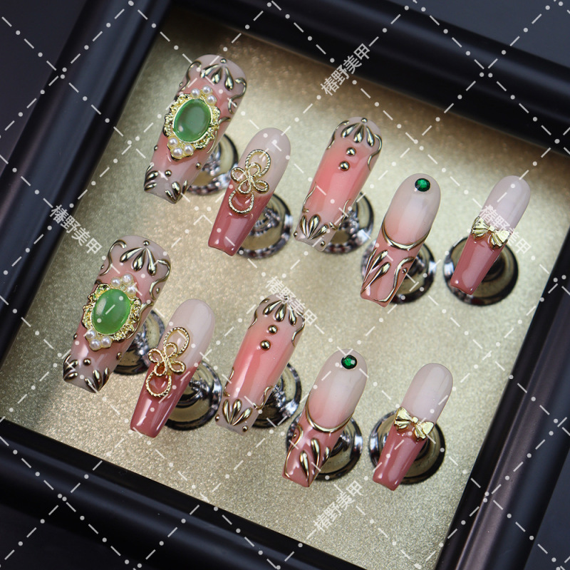 Light Luxury Chinese-Style Green Jade Wearable Nails, Pink Gold Gradient Bowknot Nail Art, Skin-Brightening Removable Handmade Fake Nails