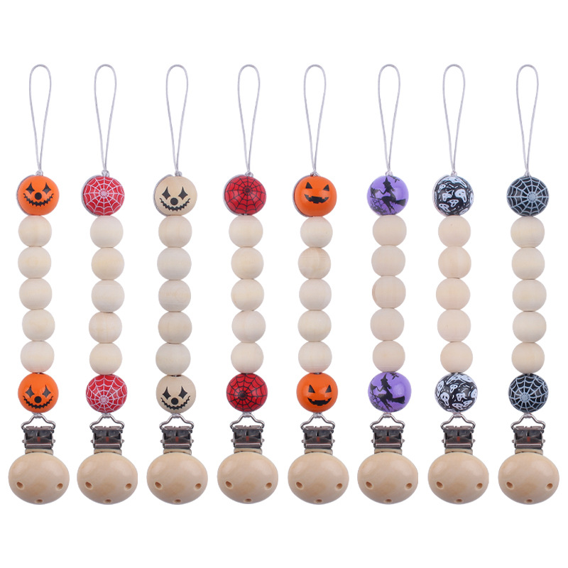 Nuevos suministros para bebés Hemu chupete Cadena de dibujos animados de Halloween patrón de madera cuentas Cadena de chupete cadena anti-caída