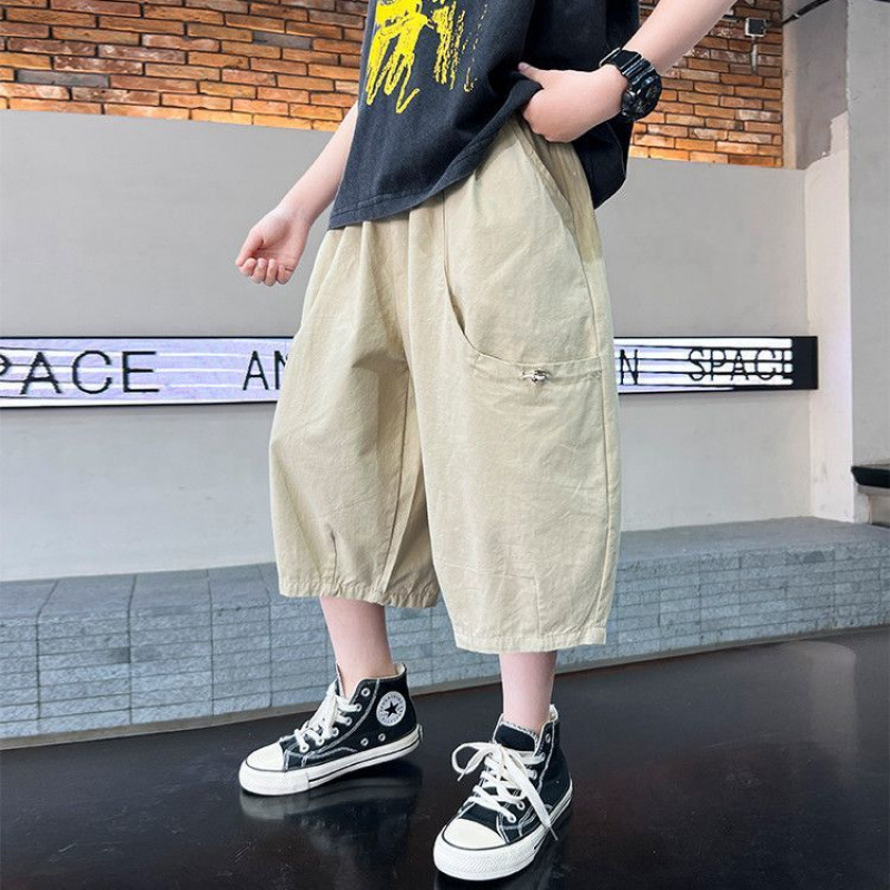 男の子グレーパンツ夏薄い2025新しい子供の夏のショートパンツ大きな子供の夏のクロップドパンツはハンサムでファッショナブルです|undefined