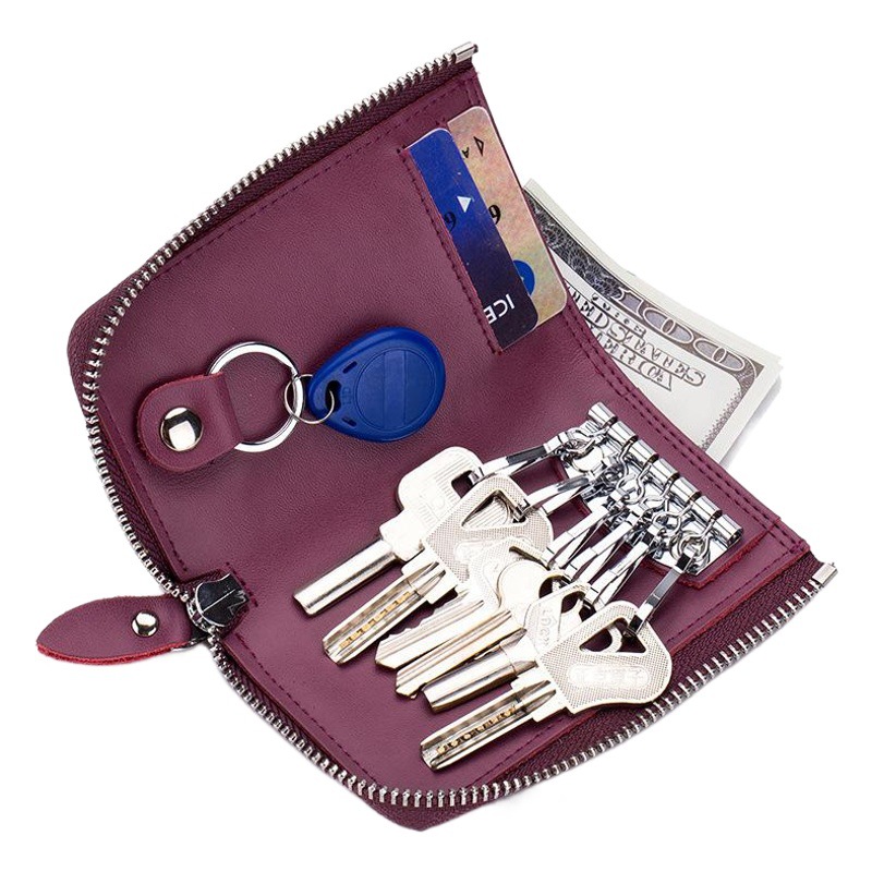 Multifuncional coche clave caso titular de la tarjeta de cremallera de los hombres vertical clave caso de cuero genuino de las mujeres pequeño monedero llavero