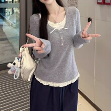 假两件长袖针织打底衫女秋冬新款韩系修身显瘦设计感女装套头毛衣