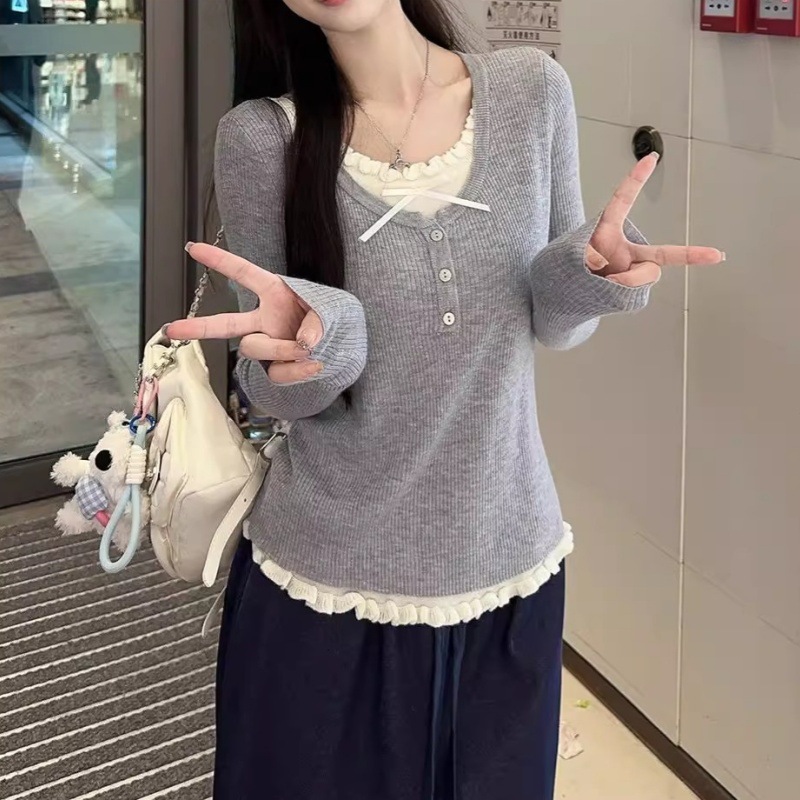 假两件长袖针织打底衫女秋冬新款韩系修身显瘦设计感女装套头毛衣