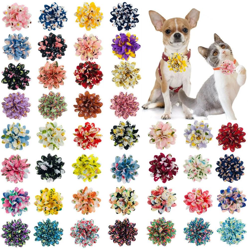 Европейские и американские горячие печатные шифоновые воротники домашние животные милые домашние животные цветы съемные собаки котенки ошейники цветы украшения оптом