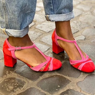 wish Export Style 2024 Summer Fashion High Heel Round Toe Women's 40-43 Large Size Color Matching Bag Heel Hollow Sandals
