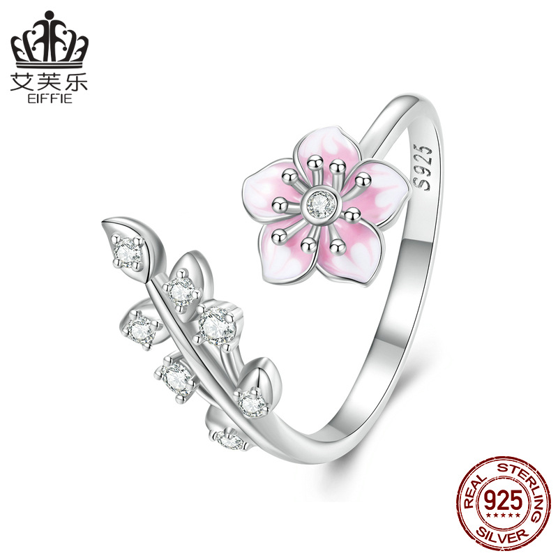 碧莎尔跨境爆款s925纯银滴油渐变粉色樱花开口可调节戒指女饰品
