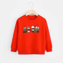 Christmas Sweater 圣诞老人咖啡杯印花儿童圆领卫衣红色长袖童装