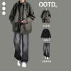 Green jacket + black long T + jeans smoke gray