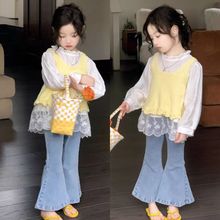 女童秋款韩版时尚套装女宝宝针织马甲蕾丝边衬衫牛仔喇叭裤三件套