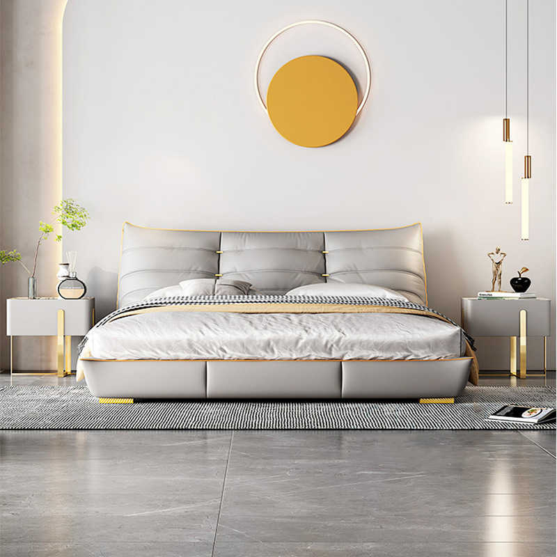 Luz de lujo cama de cuero genuino dormitorio principal italiano minimalista de alta gama elegante cama de boda simple Caterpillar cama doble 1,8 m muebles