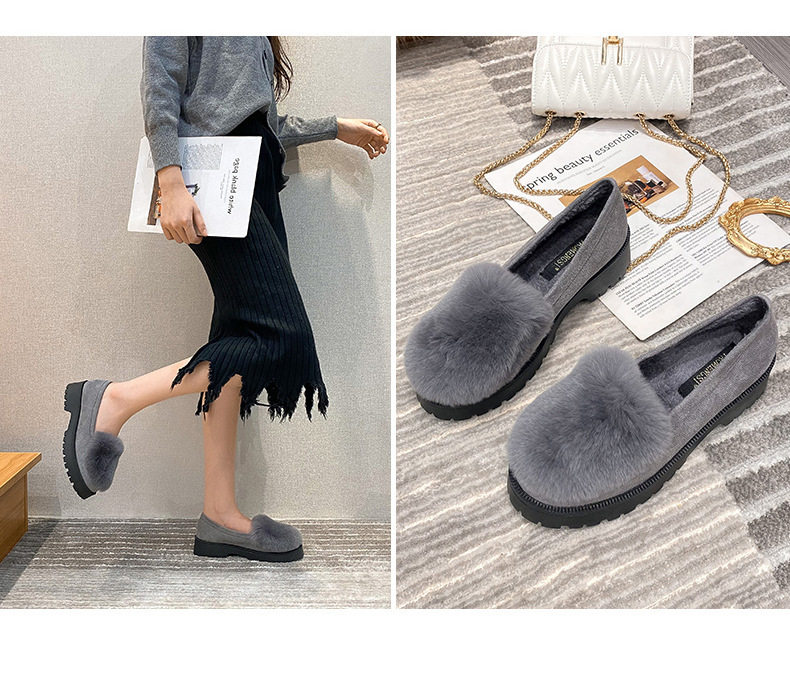 Giày lười nữ đế dày lót lông giữ ấm, giày bông mũi tròn gót 3-5 cm — Màu xám, Màu đen chi tiết 15