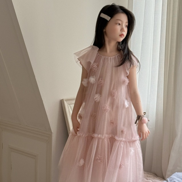 Flower and Looking for Girls dress 2025 Summer New Western Style Fashionable Children Princess Dress Girls Summer Mesh Dress