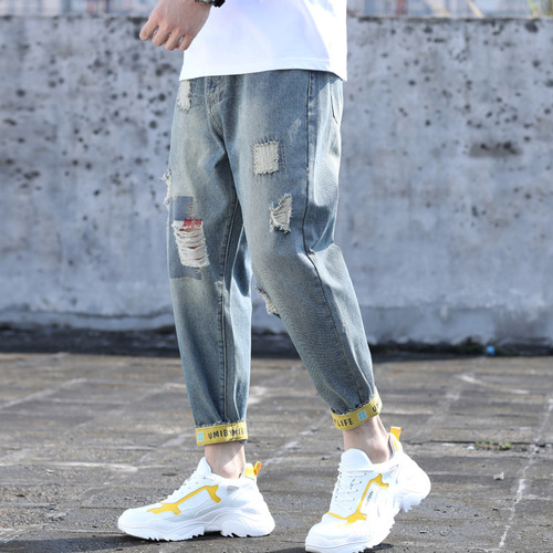 Men's Trendy Brand Distressed Cropped Jeans | Plus-Size Relaxed-Fit Cuffed Casual Pants | Baggy Men's Wear